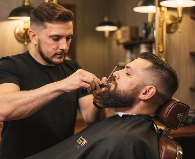 Serhii shaping a beard and lineup